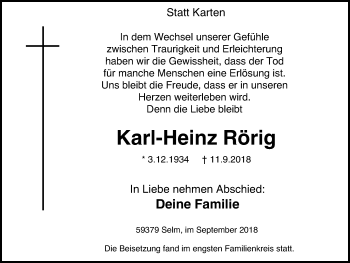 Traueranzeige von Karl-Heinz Rörig von Lüner Anzeiger