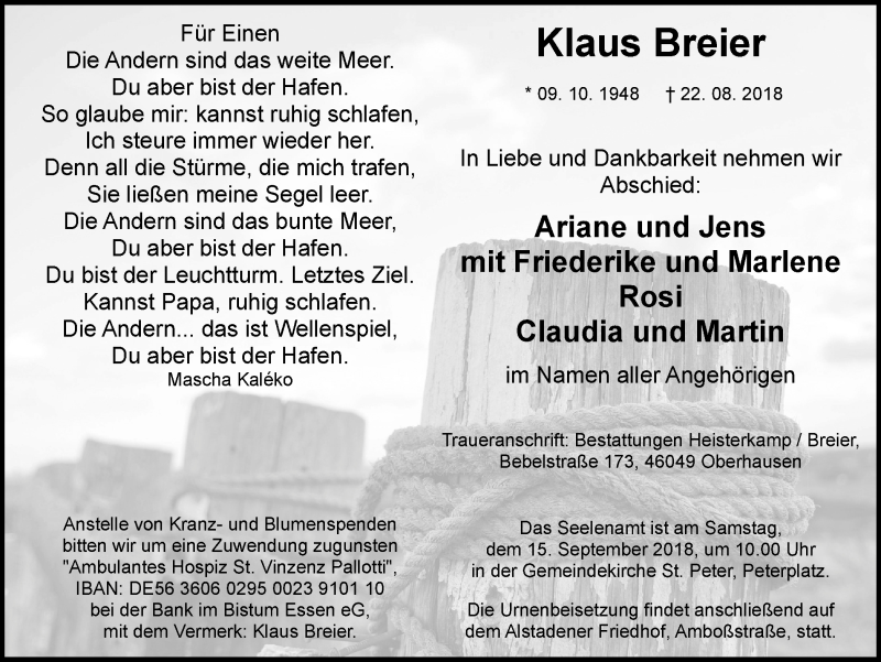 Traueranzeige für Klaus Breier vom 08.09.2018 aus Wochen-Anzeiger Oberhausen