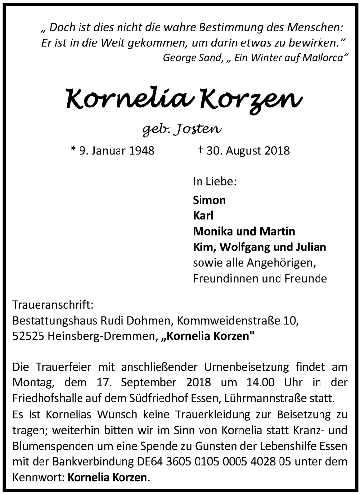  Traueranzeige für Kornelia Korzen vom 12.09.2018 aus Stadtspiegel Essen
