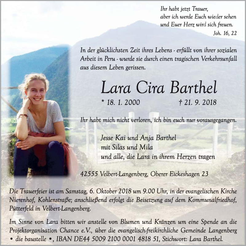  Traueranzeige für Lara Cira Barthel vom 29.09.2018 aus Stadtanzeiger Velbert + Heiligenhaus