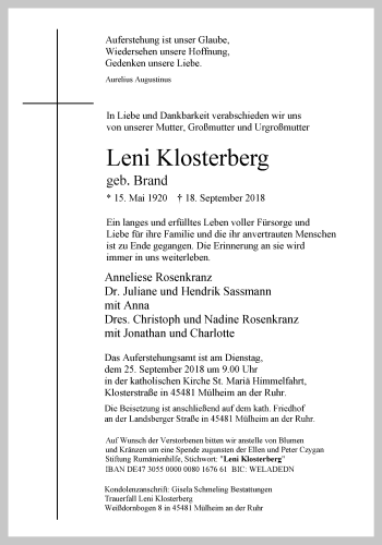 Traueranzeige von Leni Klosterberg von Mülheimer Woche