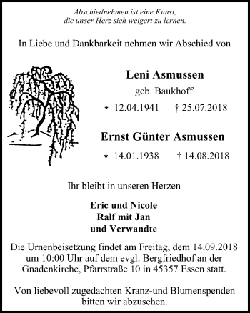 Traueranzeige von Leni und Ernst Günter Asmussen von Mülheimer Woche
