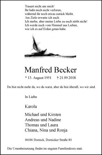 Traueranzeige von Manfred Becker von Stadtanzeiger Emmerich/Rees/Isselburg