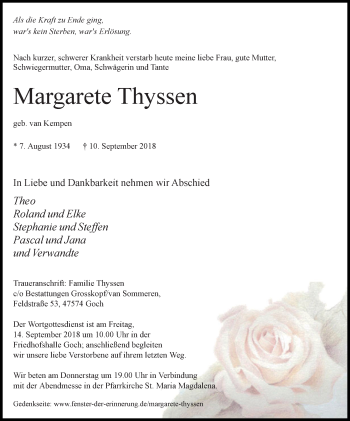 Traueranzeige von Margarete Thyssen von Gocher Wochenblatt
