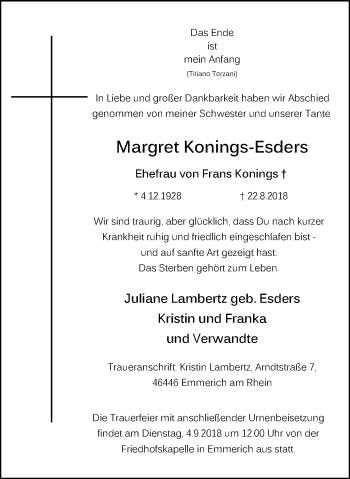 Traueranzeige von Margret Konings-Esders von Stadtanzeiger Emmerich/Rees/Isselburg