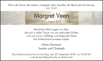 Traueranzeige von Margret Veen von Stadtspiegel Bottrop