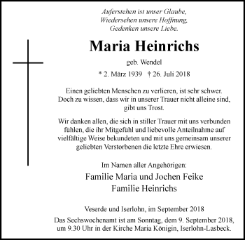 Traueranzeige von Maria Heinrichs von Stadtspiegel Iserlohn + Hemer