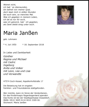 Traueranzeige von Maria Janßen von Gocher Wochenblatt