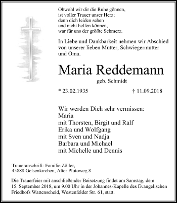 Traueranzeige von Maria Reddemann von Stadtspiegel Wattenscheid