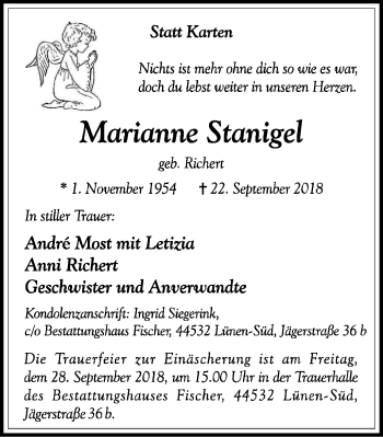 Traueranzeige von Marianne Stanigel von Lüner Anzeiger