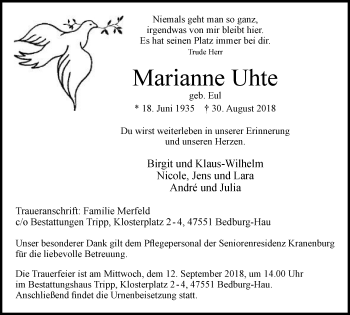 Traueranzeige von Marianne Uhte von Klever Wochenblatt