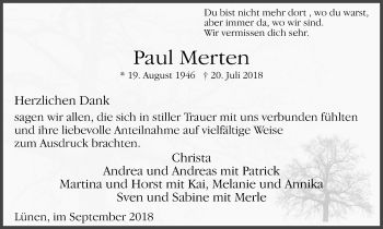 Traueranzeige von Paul Merten von Lüner Anzeiger