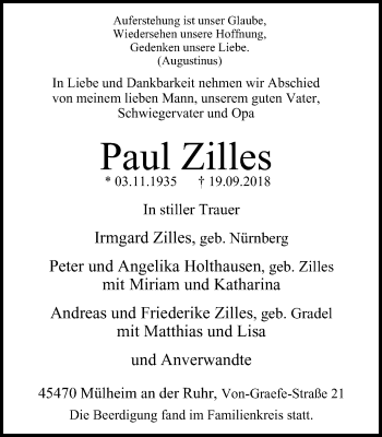 Traueranzeige von Paul Zilles von Mülheimer Woche