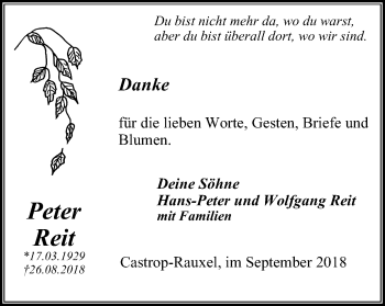 Traueranzeige von Peter Reit von Stadtanz.Castrop-Rauxel