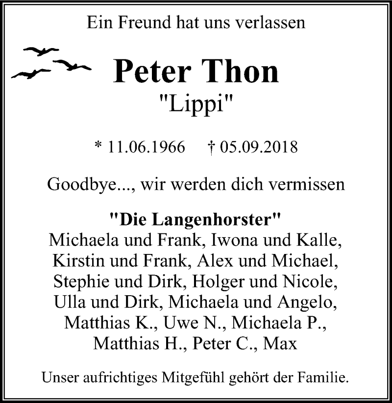  Traueranzeige für Peter Thon vom 22.09.2018 aus Stadtanzeiger Velbert + Heiligenhaus