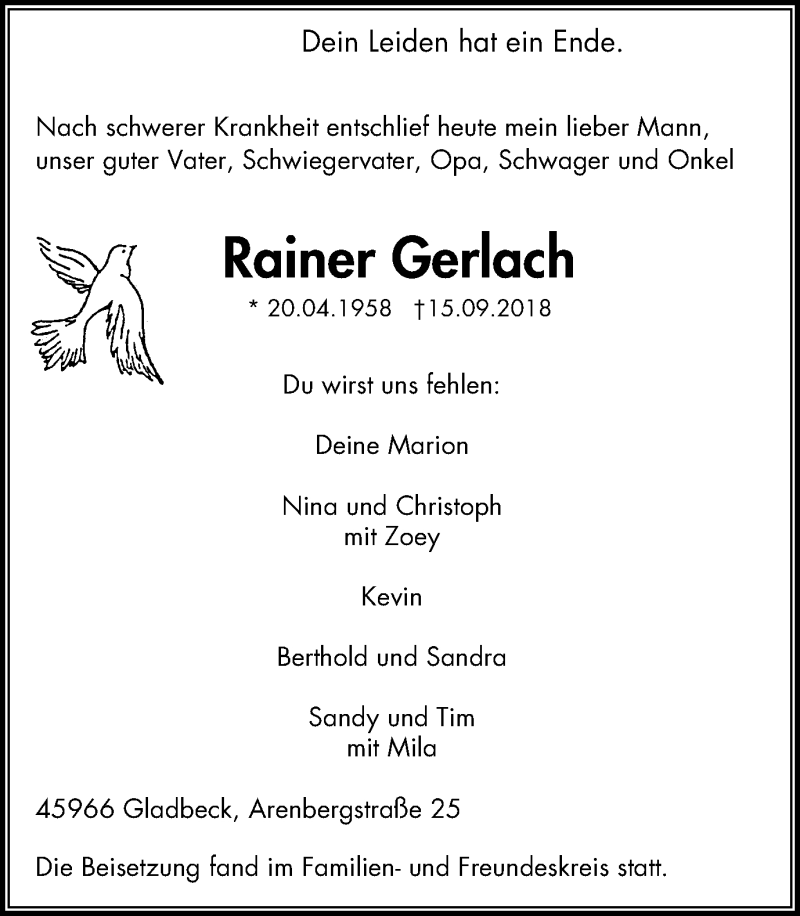  Traueranzeige für Rainer Gerlach vom 22.09.2018 aus Stadtspiegel Gladbeck