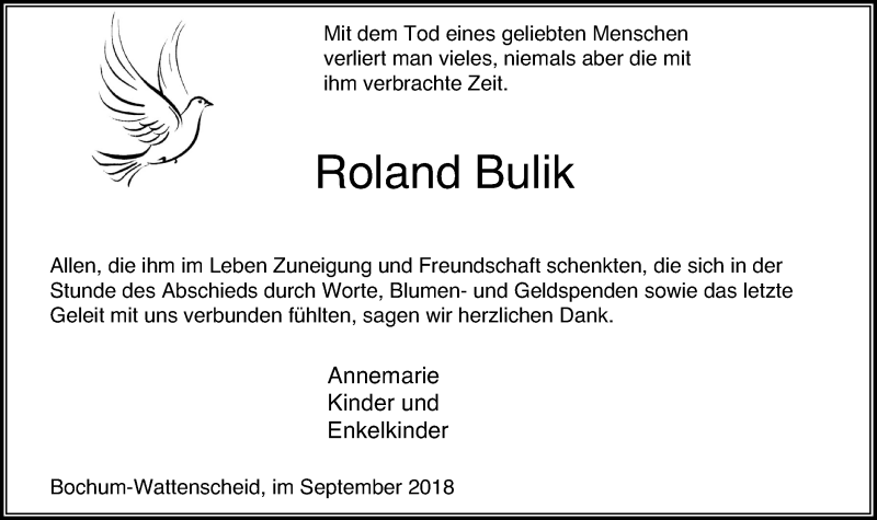  Traueranzeige für Roland Bulik vom 15.09.2018 aus Stadtspiegel Wattenscheid