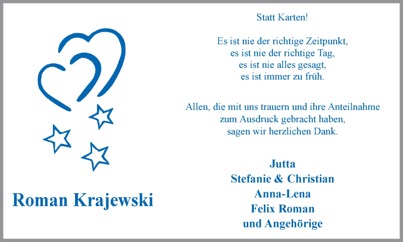  Traueranzeige für Roman Krajewski vom 01.09.2018 aus Stadtspiegel Bottrop