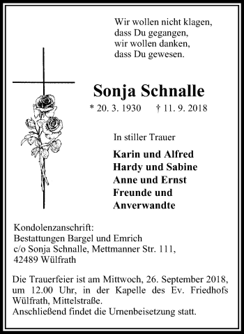 Traueranzeige von Sonja Schnalle von Stadtanzeiger Velbert + Heiligenhaus