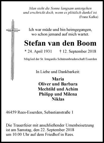 Traueranzeige von Stefan ven den Boom von Stadtanzeiger Emmerich/Rees/Isselburg