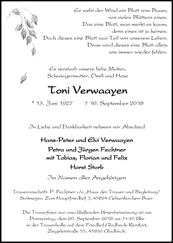 Traueranzeige von Toni Verwaayen von Stadtspiegel Gladbeck
