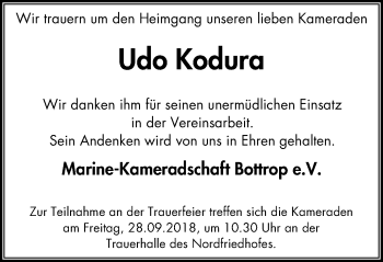 Traueranzeige von Udo Kodura von Stadtspiegel Bottrop