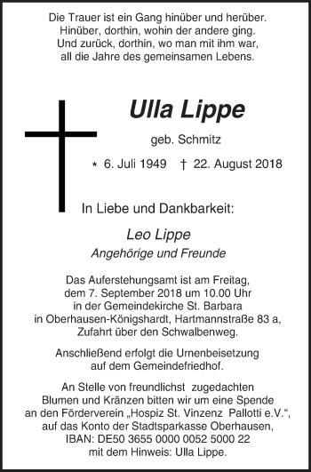 Traueranzeige von Ulla Lippe von Wochen-Anzeiger Oberhausen