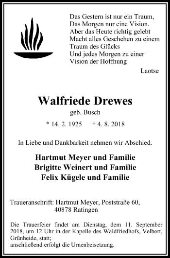 Traueranzeige von Walfriede Drewes von Stadtanzeiger Velbert + Heiligenhaus