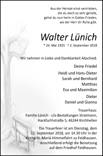 Traueranzeige von Walter Lünich von Stadtspiegel Bottrop