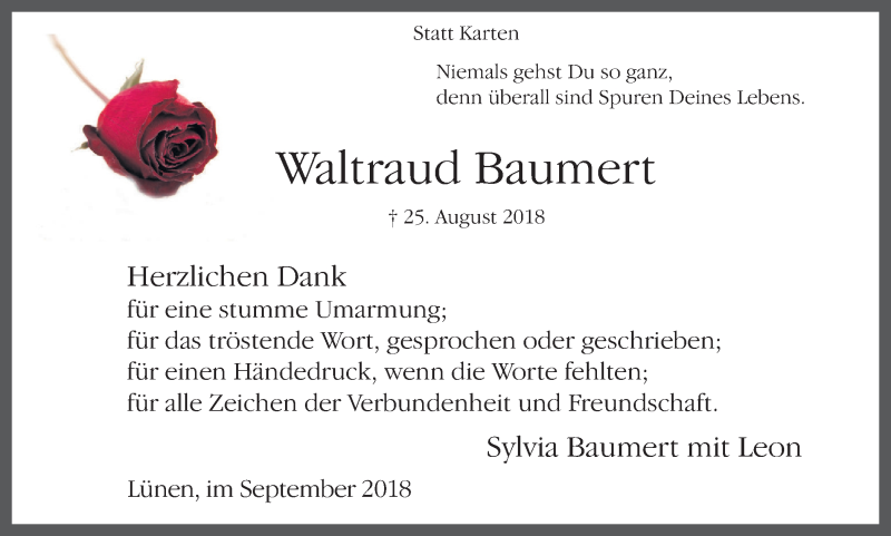  Traueranzeige für Waltraud Baumert vom 22.09.2018 aus Lüner Anzeiger