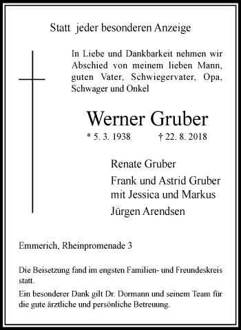 Traueranzeige von Werner Gruber von Stadtanzeiger Emmerich/Rees/Isselburg