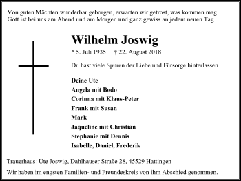 Traueranzeige von Wilhelm Joswig von Stadtspiegel Hattingen/Niedersprockhövel