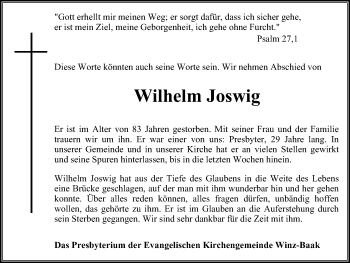 Traueranzeige von Wilhelm Joswig von Stadtspiegel Hattingen/Niedersprockhövel