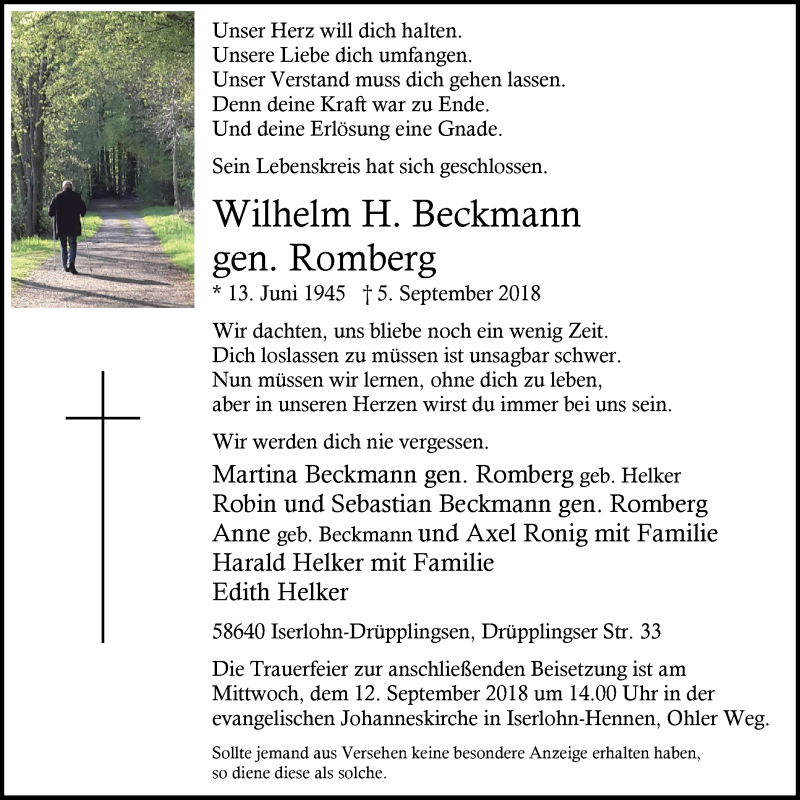  Traueranzeige für Wilhelm H. Beckmann vom 08.09.2018 aus Stadtspiegel Iserlohn + Hemer