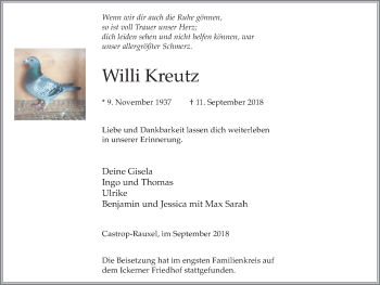 Traueranzeige von Willi Kreutz von Stadtanz.Castrop-Rauxel