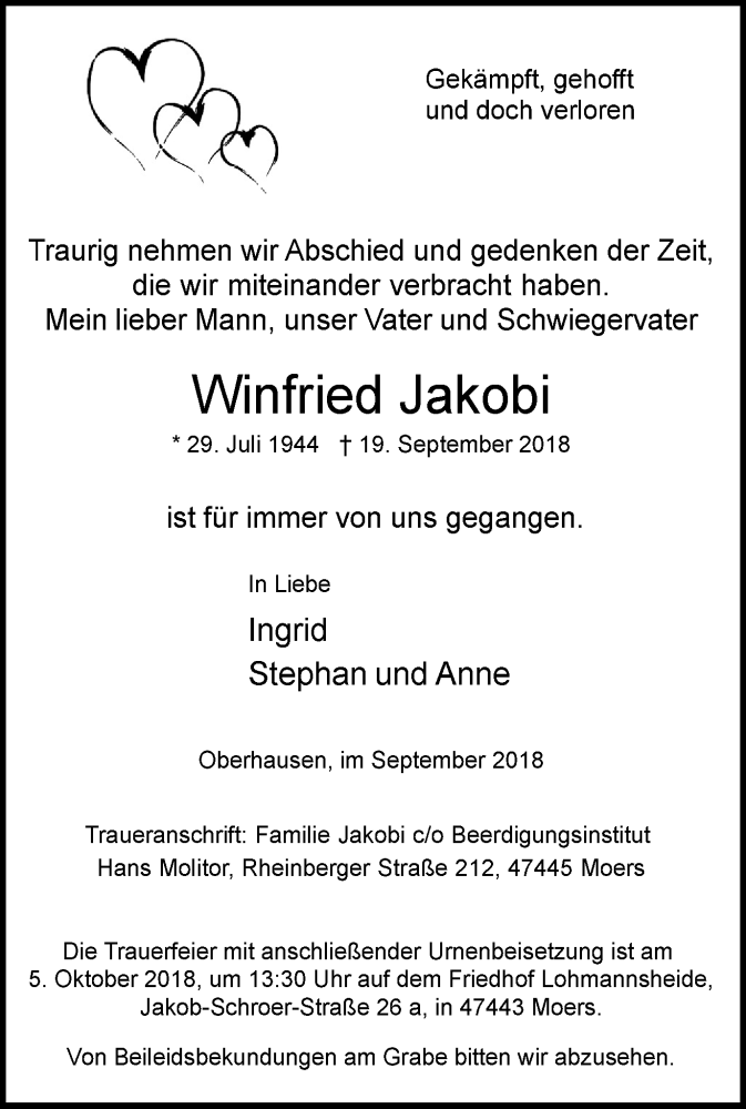  Traueranzeige für Winfried Jakobi vom 29.09.2018 aus Wochen-Anzeiger Oberhausen