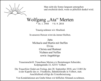 Traueranzeige von Wolfgang Merten von Stadtanzeiger Velbert + Heiligenhaus