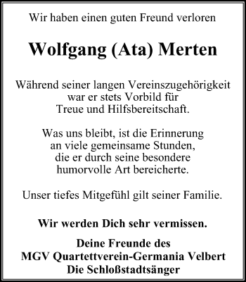 Traueranzeige von Wolfgang Merten von Stadtanzeiger Velbert + Heiligenhaus