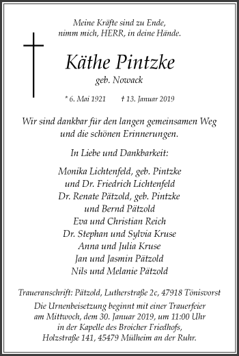 Traueranzeige von Käthe Pintzke 