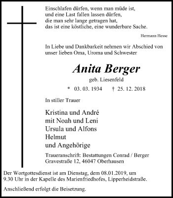 Traueranzeige von Anita Berger von Wochen-Anzeiger Oberhausen