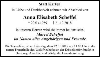 Traueranzeige von Anna Elisabeth Scheffel von Wochen-Anzeiger Duisburg