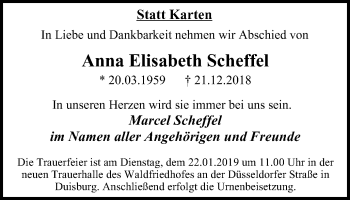 Traueranzeige von Anna Elisabeth Scheffel von Wochen-Anzeiger Duisburg