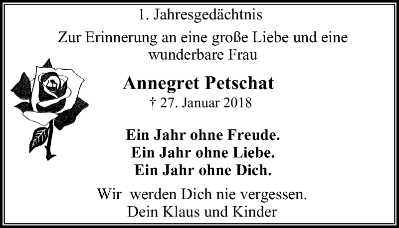  Traueranzeige für Annegret Petschat vom 26.01.2019 aus Stadtspiegel Bochum