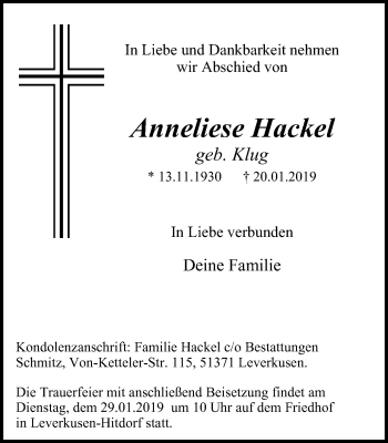Traueranzeige von Anneliese Hackel von Wochen-Anzeiger Langenfeld/Monheim/Hilden