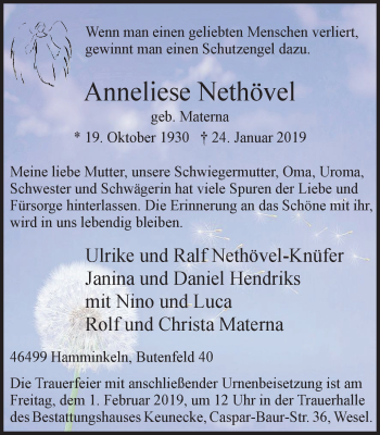 Traueranzeige von Anneliese Nethövel von Der Weseler + Der Xantener