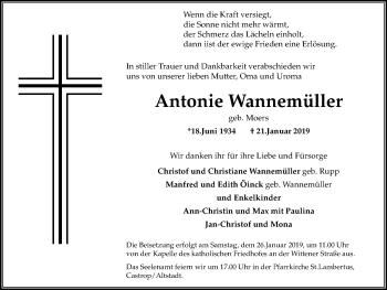 Traueranzeige von Antonie Wannemüller von Stadtanz.Castrop-Rauxel