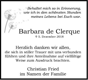 Traueranzeige von Barbara  de Clerque von Wochen-Anzeiger Langenfeld/Monheim/Hilden