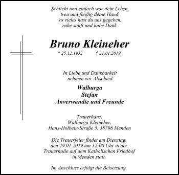 Traueranzeige von Bruno Kleineher von Stadtspiegel Menden + Froendenberg