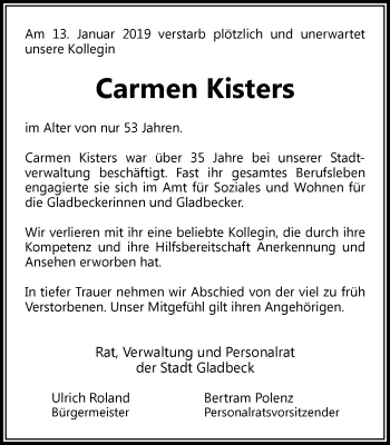 Traueranzeige von Carmen Kisters von Stadtspiegel Gladbeck