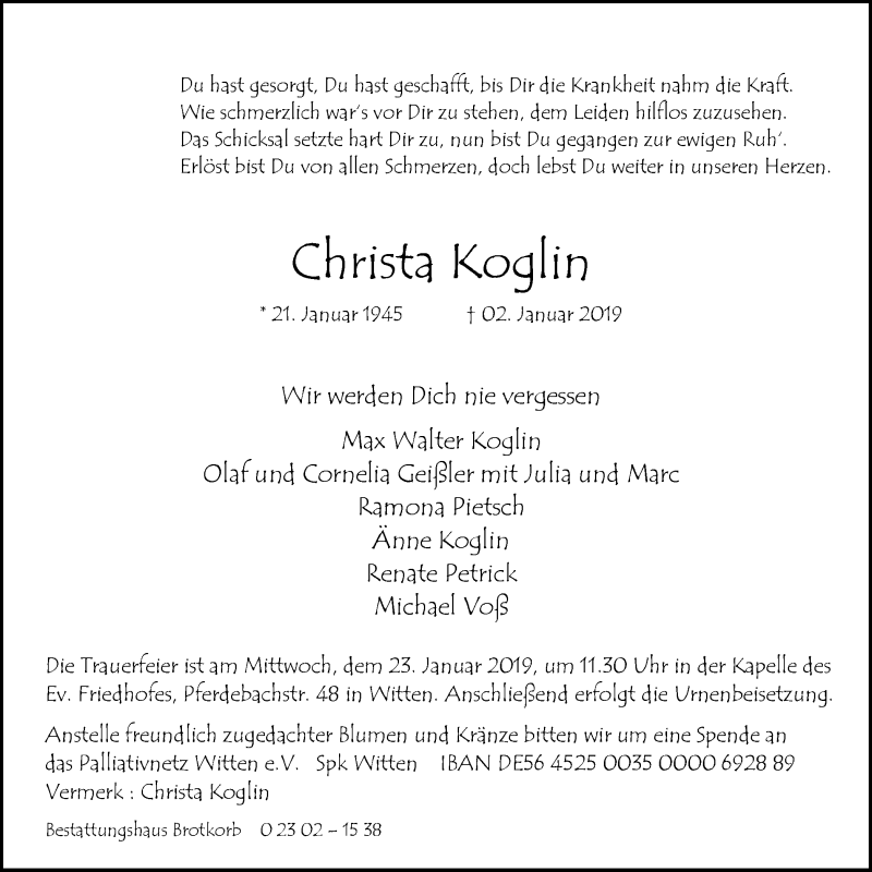  Traueranzeige für Christa Koglin vom 12.01.2019 aus Witten aktuell